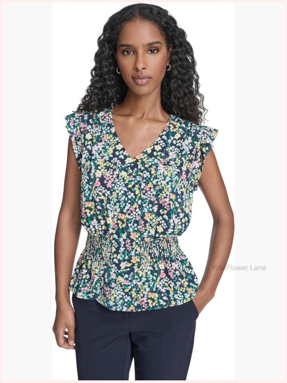 Cap Sleeve Smocked V-Neck Top Floral Print Blouse